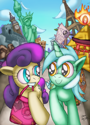 Size: 2508x3468 | Tagged: safe, artist:cazra, bon bon, lyra heartstrings, sweetie drops, earth pony, pony, unicorn, area 51, big ben, colosseum, duo, earth, eiffel tower, great wall of china, high res, pyramid, smiling, statue of liberty