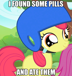 Size: 857x909 | Tagged: safe, edit, edited screencap, screencap, apple bloom, scootaloo, the cutie mark chronicles, and ate them, cropped, helmet, i found pills, i found pills and ate them, image macro, pills, solo focus