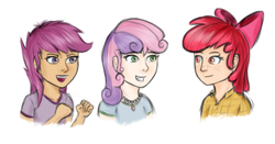 Size: 602x315 | Tagged: safe, artist:ohthatandy, derpibooru import, apple bloom, scootaloo, sweetie belle, humanized