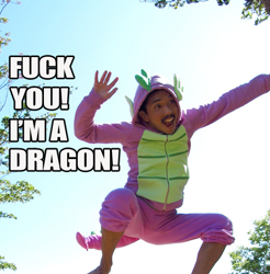 Size: 591x600 | Tagged: safe, artist:votemayhem, derpibooru import, spike, human, caption, cosplay, fuck you i'm a dragon, image macro, irl, irl human, mexican't, photo, solo, vulgar