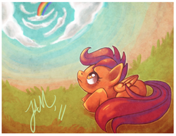 Size: 3300x2550 | Tagged: safe, artist:jabbym, derpibooru import, scootaloo, abandoned, cloud, cloudy, high res, rainbow, sad, scootalone, scootaloo can't fly, solo, wing envy