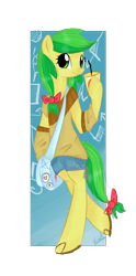 Size: 2244x4525 | Tagged: safe, artist:marisalle, apple fritter, pony, semi-anthro, apple family member, bipedal, clothes, sandals, shirt, shorts, shoulder bag