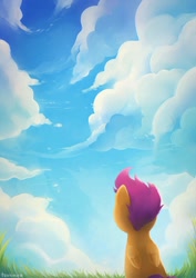 Size: 496x701 | Tagged: safe, artist:tsurime, derpibooru import, scootaloo, cloud, cloudy, scenery, sky, vertigo