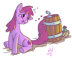 Size: 796x650 | Tagged: safe, artist:atryl, berry punch, berryshine, earth pony, pony, barrel, drunk, floating heart, heart, keg, mare, solo, that pony sure does love alcohol, wine bottle