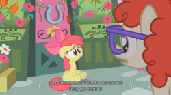 Size: 640x355 | Tagged: safe, screencap, apple bloom, twist, earth pony, pony, female, filly, youtube caption