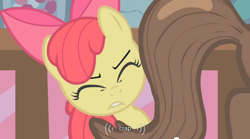 Size: 640x355 | Tagged: safe, screencap, apple bloom, earth pony, apple bloom's bow, female, filly, hair bow, red mane, yellow coat, youtube caption