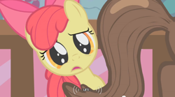 Size: 640x355 | Tagged: safe, screencap, apple bloom, earth pony, apple bloom's bow, female, filly, hair bow, red mane, yellow coat, youtube caption