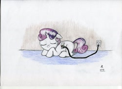 Size: 900x654 | Tagged: safe, artist:rameslack, sweetie belle, sweetie bot, pony, robot, unicorn, blank flank, european plug, eyes closed, female, filly, floppy ears, foal, hooves, horn, lying down, prone, recharging, sleeping, solo, traditional art