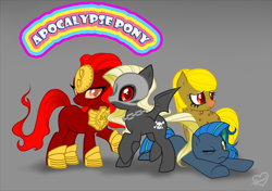 Size: 1240x873 | Tagged: safe, derpibooru import, apocalypse ponies, boils, female, four horsemen of the apocalypse, four horses of the apocalypse, gray background, hoof shoes, horseman of death, horseman of famine, horseman of pestilence, horseman of war, mare, quartet, robot chicken, simple background