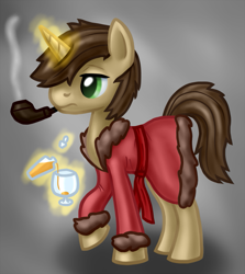 Size: 715x800 | Tagged: safe, artist:arrkhal, derpibooru import, oc, oc only, oc:mullokad, pony, unicorn, bathrobe, clothes, colored pupils, levitation, magic, male, pipe, robe, stallion, telekinesis