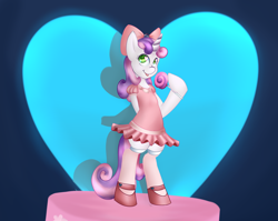 Size: 1280x1017 | Tagged: safe, derpibooru import, sweetie belle, pony, semi-anthro, :p, bipedal, cats don't dance, clothes, crossover, cute, darla dimple, dress, hoof hold, lollipop, smiling, stockings, tongue out