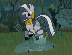 Size: 825x637 | Tagged: safe, artist:fetchbeer, derpibooru import, zecora, zebra, everfree forest, puddle, rain, wet mane