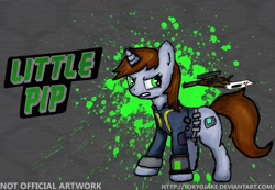 Size: 2600x1800 | Tagged: safe, artist:tokyojake, derpibooru import, oc, oc only, oc:littlepip, pony, unicorn, fallout equestria, fighting is magic, abstract background, clothes, cutie mark, fanfic, fanfic art, female, glowing horn, gun, handgun, hooves, horn, levitation, little macintosh, magic, mare, optical sight, pipbuck, revolver, solo, teeth, telekinesis, text, vault suit, weapon