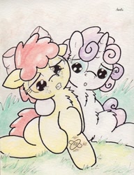 Size: 744x970 | Tagged: safe, artist:slightlyshade, derpibooru import, apple bloom, sweetie belle, bandaid, crying, traditional art