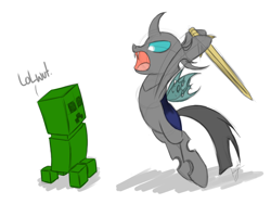 Size: 1280x960 | Tagged: safe, artist:kyroking, derpibooru import, changeling, creeper, crossover, cute, lolwut, minecraft, wooden sword