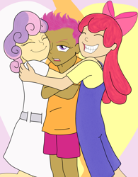 Size: 936x1200 | Tagged: safe, artist:ac-drawings, artist:mousathe14, apple bloom, scootaloo, sweetie belle, cutie mark crusaders, hug, humanized