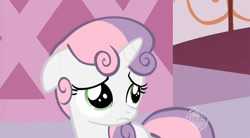 Size: 1010x558 | Tagged: safe, sweetie belle, cute, hub logo, hubble, random, sad