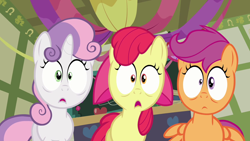 Size: 1280x720 | Tagged: safe, screencap, apple bloom, scootaloo, sweetie belle, hearts and hooves day (episode), cutie mark crusaders, hearts and hooves day, ponyville schoolhouse, reaction image