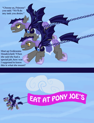 Size: 1000x1300 | Tagged: safe, artist:widsithgrey, derpibooru import, oc, oc:frolicsome meadowlark, oc:sunshine smiles (egophiliac), bat pony, pony, banner, comic, night guard