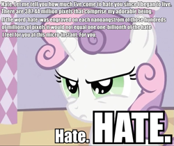 Size: 759x638 | Tagged: safe, derpibooru import, edit, edited screencap, screencap, sweetie belle, sweetie bot, pony, robot, robot pony, unicorn, sisterhooves social, allied mastercomputer, female, filly, foal, hate, horn, i have no mouth and i must scream, image macro, solo, text