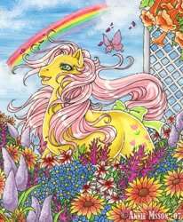 Size: 550x668 | Tagged: safe, artist:anniemsson, derpibooru import, posey, butterfly, g1, flower, garden, rainbow