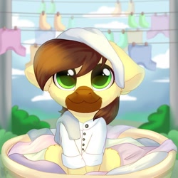 Size: 700x700 | Tagged: safe, artist:alphadesu, oc, oc only, oc:calpain, earth pony, pony, clothes, cute, lab coat, laundry, laundry basket, male, solo