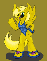 Size: 507x659 | Tagged: safe, artist:foxtrott, derpibooru import, oc, oc only, oc:ticket, alicorn, anthro, alicorn oc, anthro oc, clothes, one-piece swimsuit, solo, swimsuit