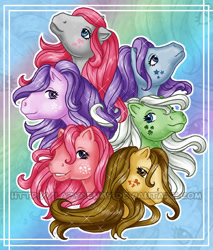 Size: 600x705 | Tagged: safe, artist:lazyjenny, derpibooru import, blossom, blue belle, butterscotch (g1), cotton candy (g1), minty (g1), snuzzle, g1, original six