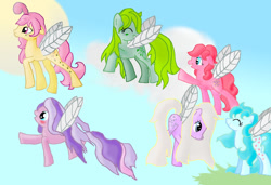 Size: 900x614 | Tagged: safe, artist:walldaisy, derpibooru import, forget me not, honeysuckle, lily (g1), morning glory, peach blossom, rosedust, flutter pony, g1, g1 to g4, generation leap