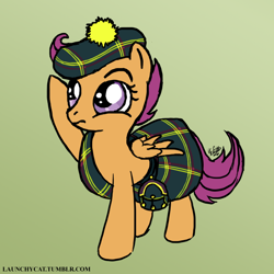 Size: 700x700 | Tagged: safe, artist:launchycat, derpibooru import, scootaloo, pegasus, pony, britain, clothes, female, filly, gradient background, green background, hat, kilt, pun, scotaloo, scottaloo, scottish, simple background, solo, tartan, visual pun