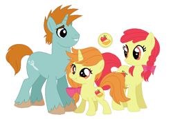 Size: 762x526 | Tagged: safe, artist:unoriginai, apple bloom, snips, oc, oc:ginger gold, pony, unicorn, :t, bucktooth, crack shipping, cute, cutie mark, female, filly, looking back, male, mare, offspring, older, older apple bloom, older snips, parent:apple bloom, parent:snips, parents:snipsbloom, shipping, smiling, snipsbloom, stallion, straight