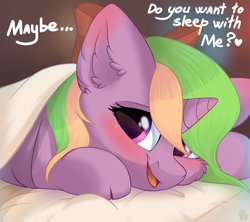 Size: 3600x3200 | Tagged: safe, artist:alphadesu, oc, oc only, oc:sparkly breeze, pony, unicorn, bed, blanket, blushing, bow, cheek fluff, cloven hooves, cute, dialogue, ear blush, ear fluff, female, hair bow, inviting, inviting you, looking at you, mare, ocbetes, open mouth, prone, smiling, smiling at you, ych result