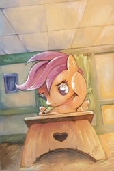 Size: 700x1050 | Tagged: dead source, safe, artist:bloo-ocean, derpibooru import, scootaloo, pegasus, pony, desk, female, filly, pencil, ponyville schoolhouse, school, school desk, solo