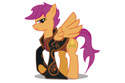 Size: 1080x720 | Tagged: safe, artist:undead-niklos, derpibooru import, scootaloo, pegasus, pony, frown, ganondorf, glare, looking at you, nintendo, raised hoof, simple background, spread wings, standing, the legend of zelda, the legend of zelda: the wind waker, triforce, triforce of power