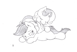 Size: 1020x684 | Tagged: safe, artist:joey darkmeat, derpibooru import, scootaloo, sweetie belle, blushing, female, lesbian, monochrome, preening, scootabelle, shipping