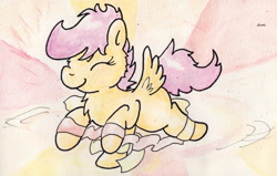 Size: 1096x697 | Tagged: safe, artist:slightlyshade, derpibooru import, scootaloo, dancing, solo, traditional art