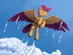 Size: 2048x1536 | Tagged: safe, artist:redquoz, scootaloo, bird pone, pegasus, pony, alternate design, bird tail, cloud, colored hooves, colored wings, cutie mark, eyes closed, female, filly, hooves, large wings, paintstorm studio, scootaloo can fly, sky, sky background, smiling, solo, spread wings, tail feathers, trail, two toned wings, wings