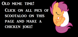 Size: 788x382 | Tagged: safe, derpibooru import, scootaloo, egg, exploitable meme, old meme, scootachicken, text