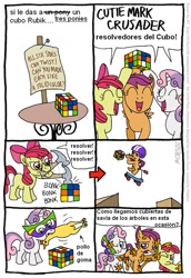 Size: 555x805 | Tagged: safe, artist:frank1605, artist:kturtle, apple bloom, scootaloo, sweetie belle, comic, cutie mark crusaders, rubik's cube, spanish, translation, tree sap