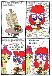 Size: 547x802 | Tagged: safe, artist:frank1605, artist:kturtle, apple bloom, twist, comic, rubik's cube, spanish, translation