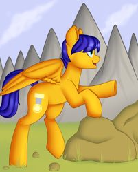 Size: 2314x2881 | Tagged: safe, artist:xcinnamon-twistx, oc, oc only, oc:crushingvictory, pegasus, pony, adventurous, cloud, hoof pointing, mountain, rock, smiling, spread wings, wings