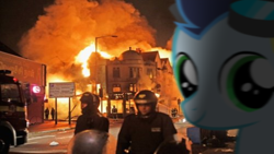 Size: 1920x1080 | Tagged: safe, soarin', human, pony, 2011 england riots, colt, disaster girl, disaster pony, irl, meme, photo, ponies in real life