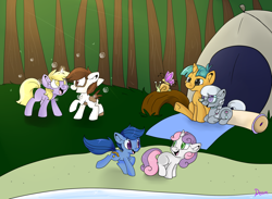 Size: 1700x1241 | Tagged: safe, artist:lustrous-dreams, archer (character), dinky hooves, pipsqueak, scootablue, silver spoon, snails, sweetie belle, archerbelle, background pony, camping, dinkysqueak, silversnails