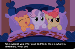 Size: 1024x672 | Tagged: safe, derpibooru import, screencap, apple bloom, scootaloo, sweetie belle, bed, bronybait, caption, cs captions, cutie mark crusaders, meme, what do, yawn