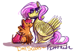 Size: 605x458 | Tagged: safe, artist:feathersandink, derpibooru import, scootaloo, pegasus, pony, duo, female, filly, flutterguy