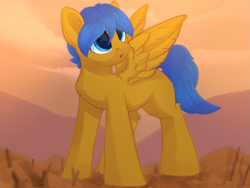 Size: 1237x930 | Tagged: safe, artist:alphadesu, oc, oc only, oc:crushingvictory, pegasus, pony, dead grass, fluffy, looking up, solo, spread wings, wasteland, wings