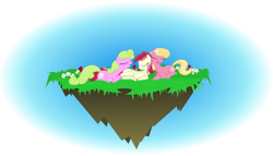 Size: 4000x2289 | Tagged: safe, artist:kalleflaxx, daisy, flower wishes, lily, lily valley, roseluck, floating island, flower trio, sleeping