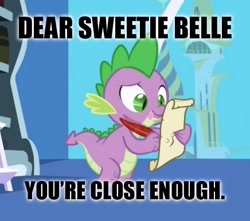 Size: 436x386 | Tagged: safe, derpibooru import, edit, edited screencap, screencap, spike, sweetie belle, dragon, friendship is magic, caption, close enough, female, image macro, letter, male, meme, quill, shipping, spike's love letters, spikebelle, straight, tongue out