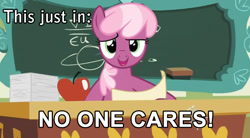 Size: 714x394 | Tagged: safe, screencap, cheerilee, family appreciation day, apple, caption, chalkboard, classroom, desk, eraser, image macro, meme, paper, ponyville schoolhouse, reaction image, reading, solo