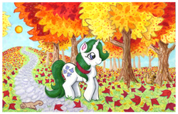 Size: 1200x774 | Tagged: safe, artist:kaikaku, gusty, squirrel, g1, autumn, forest, leaves, scenery, traditional art